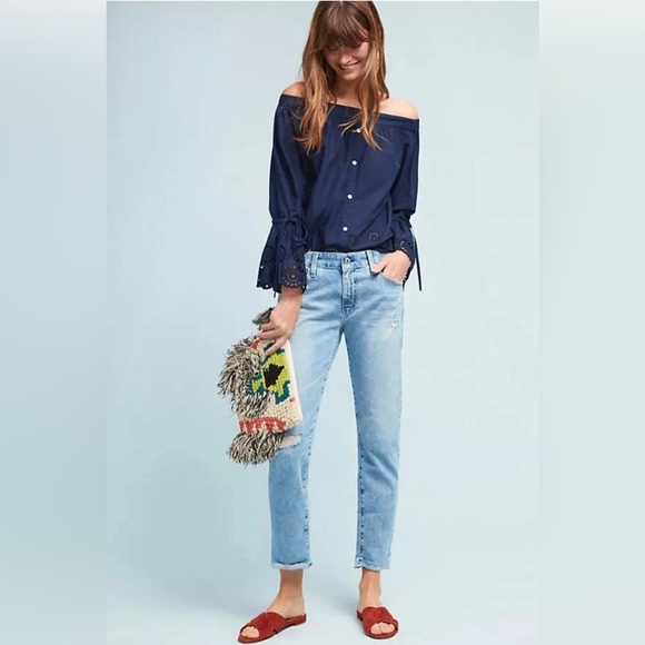 ANTHROPOLOGIE Isabella Sinclair S Navy Off Shoulder Eyelet Bell Sleeves ROMANTIC - Picture 2 of 13
